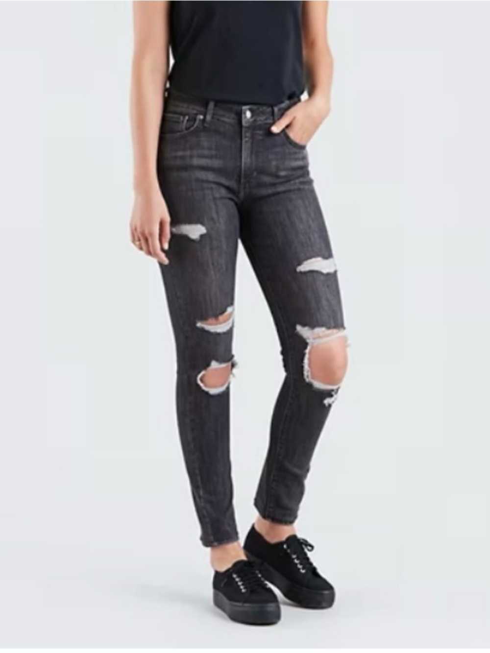 LEVI’S 721 High Rise Distressed Ripped Skinny Jeans Black